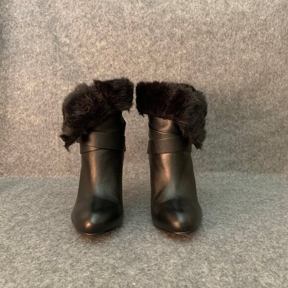 Aldo Women's Black Leather Pull Up Bootie Faux Fur Side Buckle Strap Ankle Boots - Picture 2 of 11